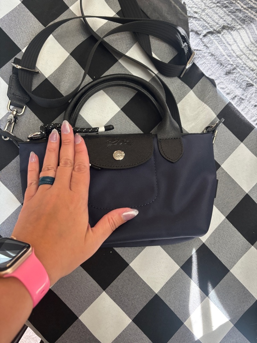 Navy Longchamp Crossbody Tote Bag with Black Trim - Picture 2 of 5